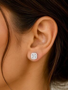 2CTW Square Moissanite Halo Stud Earrings Sterling Silver Bridal Unisex